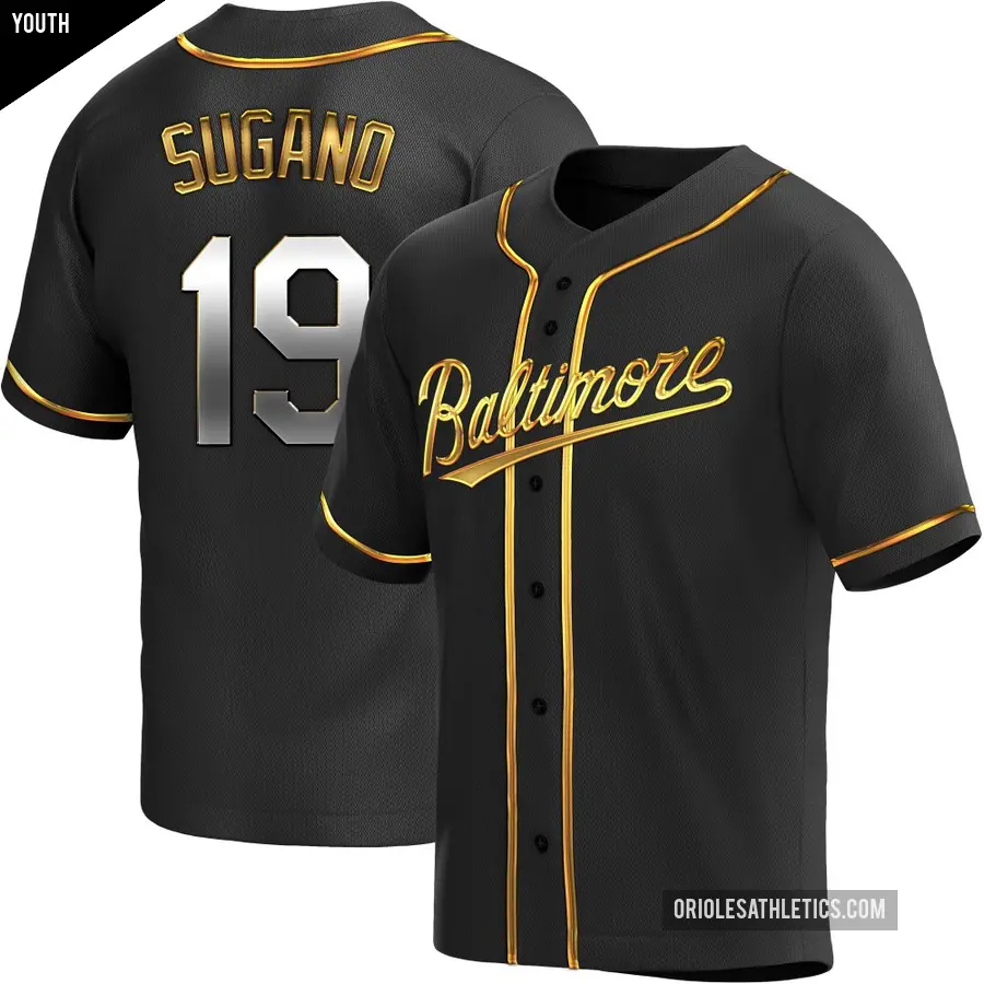 Youth Baltimore Orioles ＃19 Tomoyuki Sugano Replica Gold Black en Alternate Jersey
